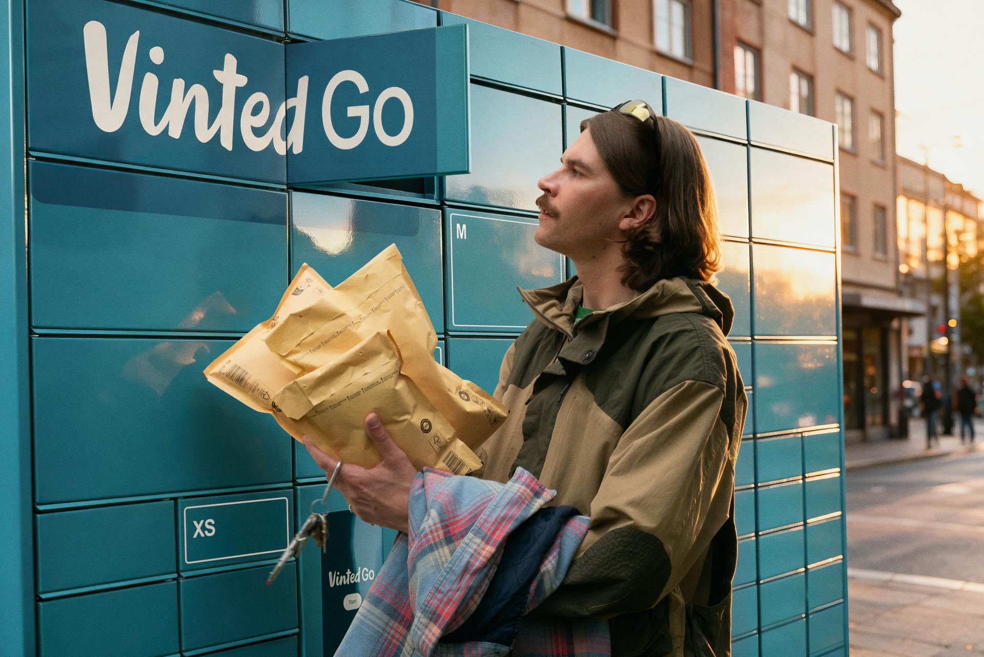 En person med paket står vid blå Vinted Go-paketboxar.